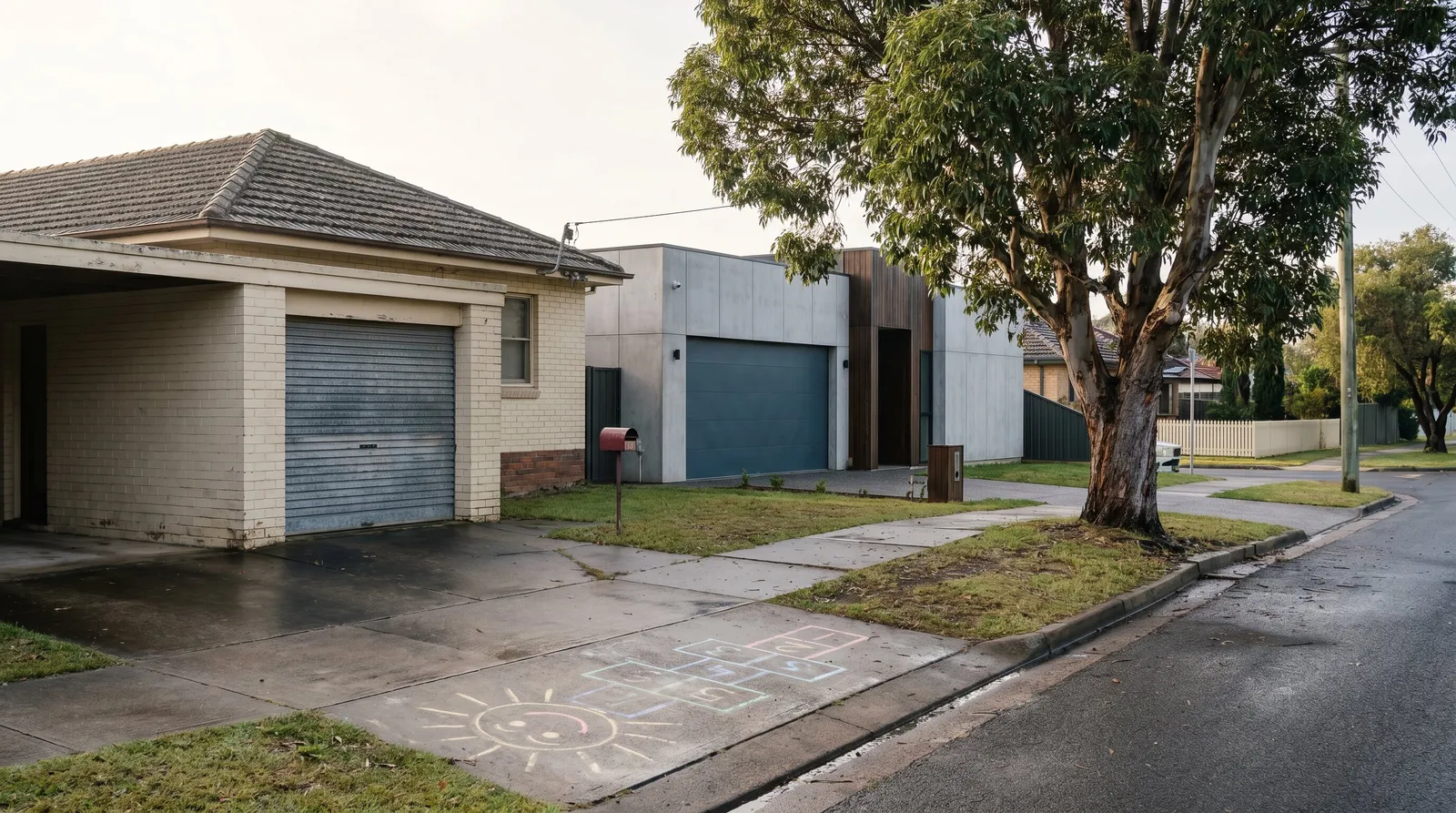 An older brick home with a roller door beside a modern infill build in East Maitland