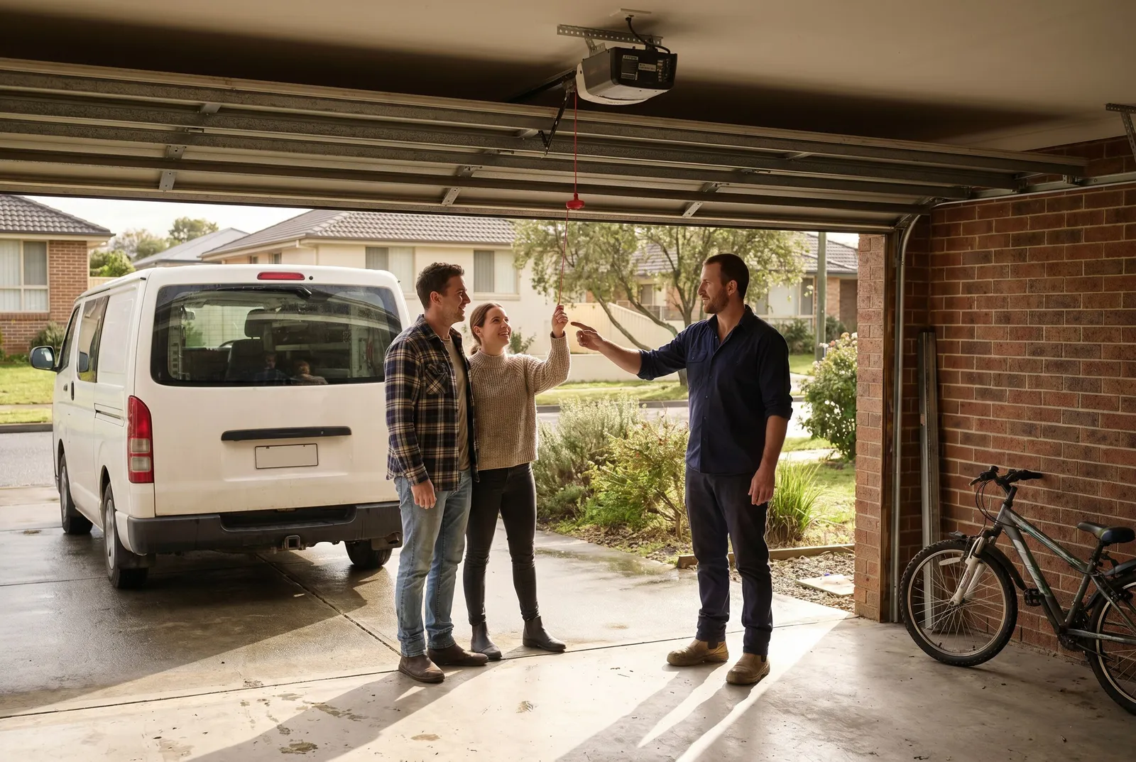 A technician showing a young couple the manual release cord of their garage door opener