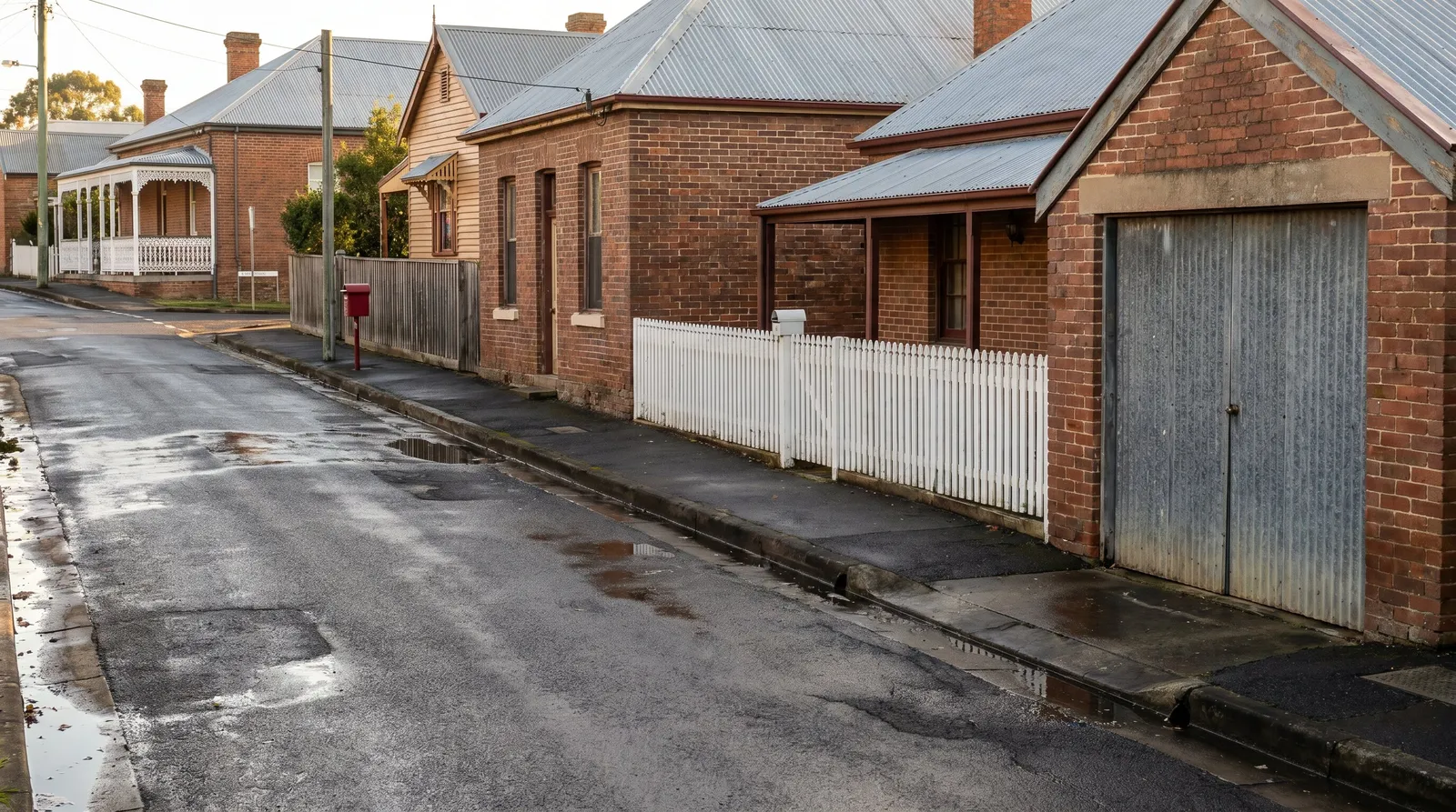 A heritage side street in Morpeth: brick cottages, a white picket fence, and an old carriage shed with weathered timber-and-steel doors