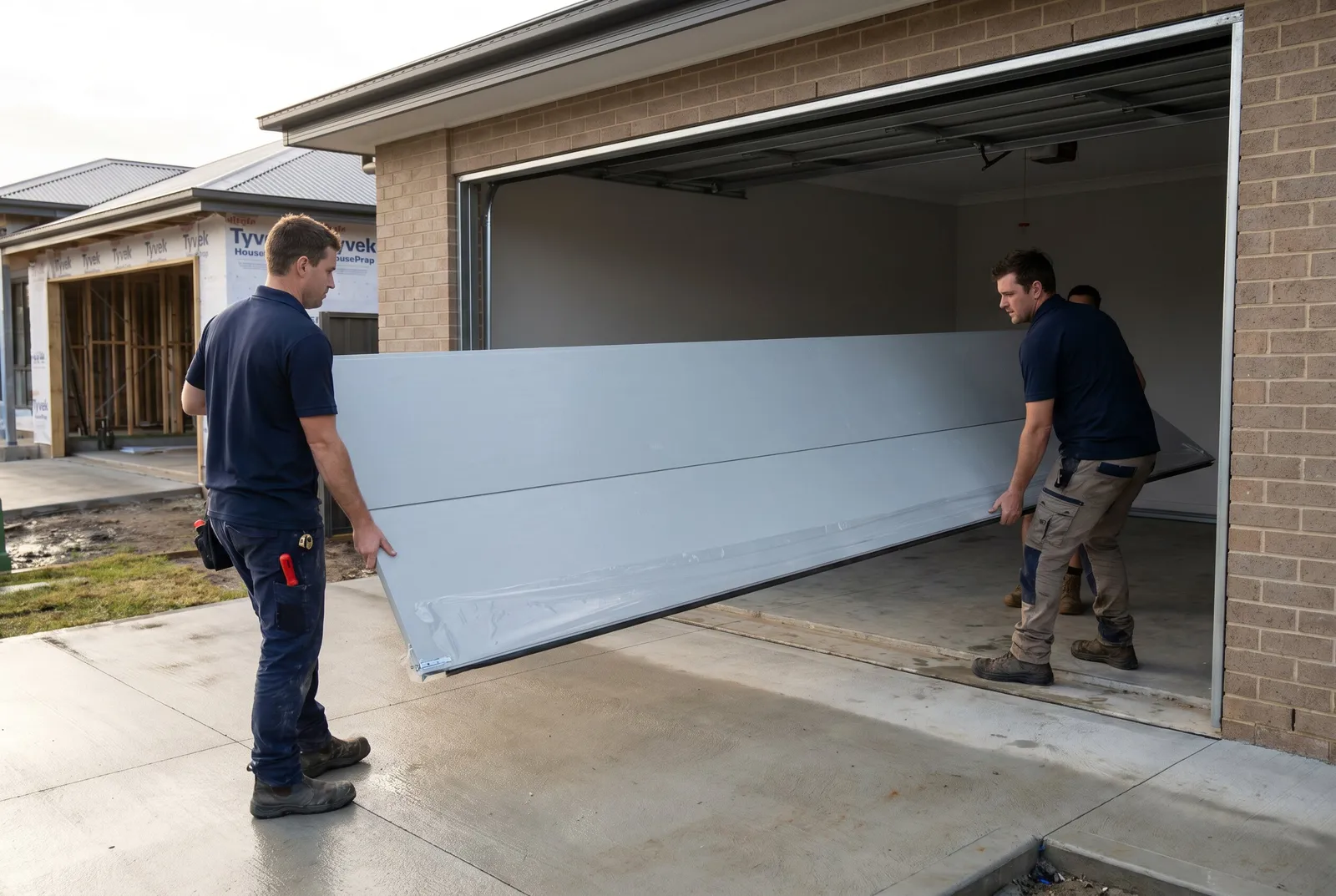 Two installers lifting a new sectional door panel into the tracks of a new brick home's garage opening