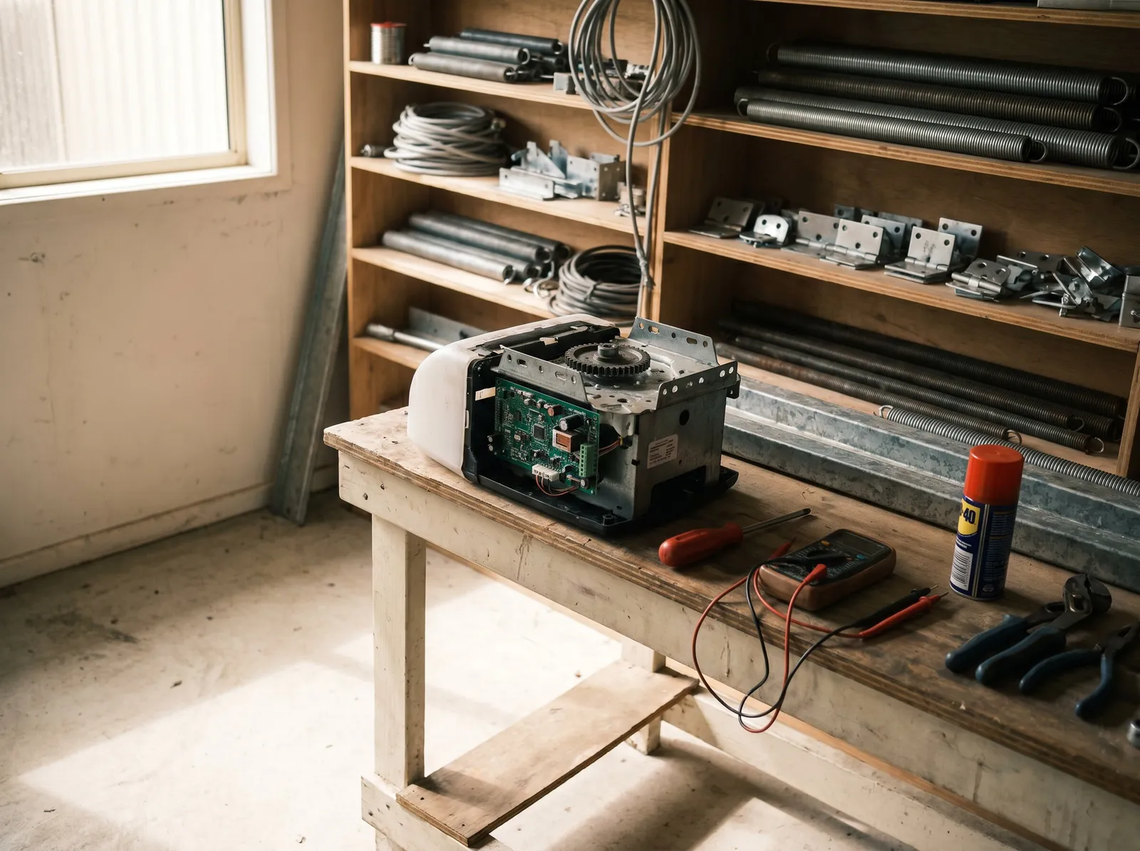 A garage door opener unit open on a workshop bench with a multimeter beside it