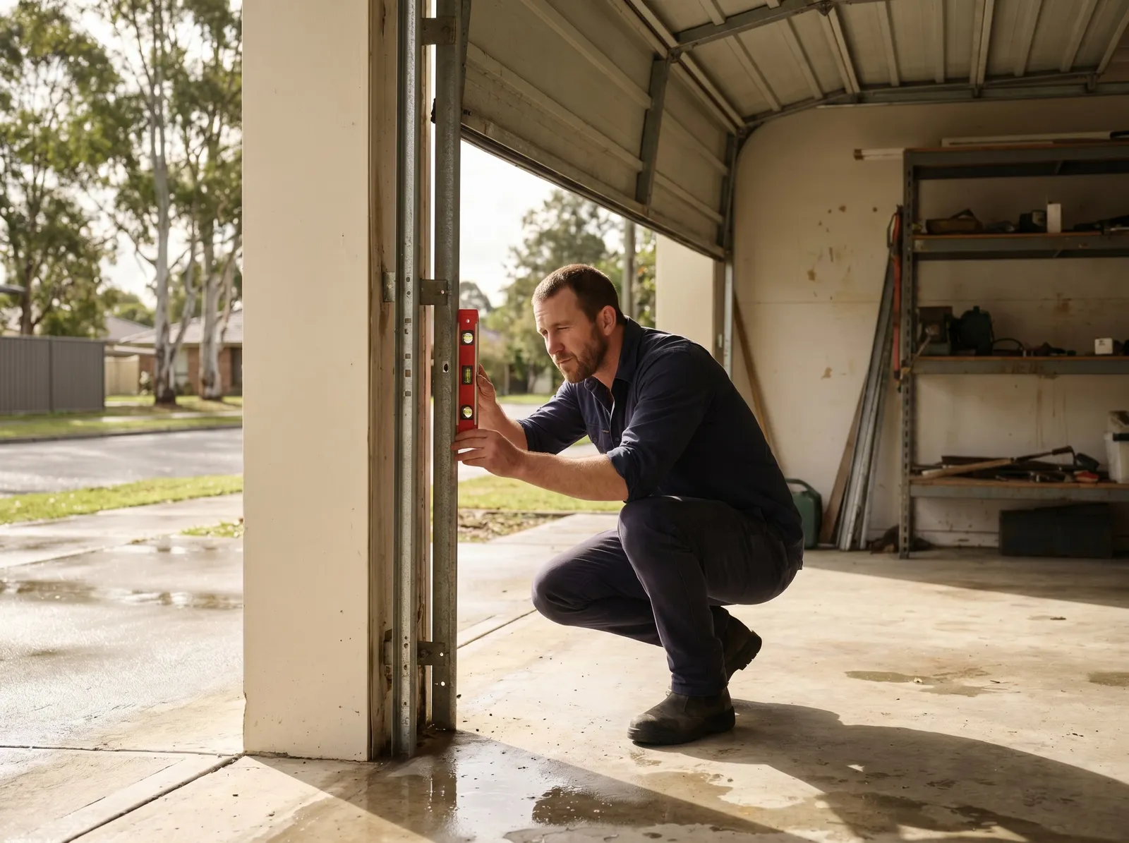 A technician sighting along a garage door track with a spirit level
